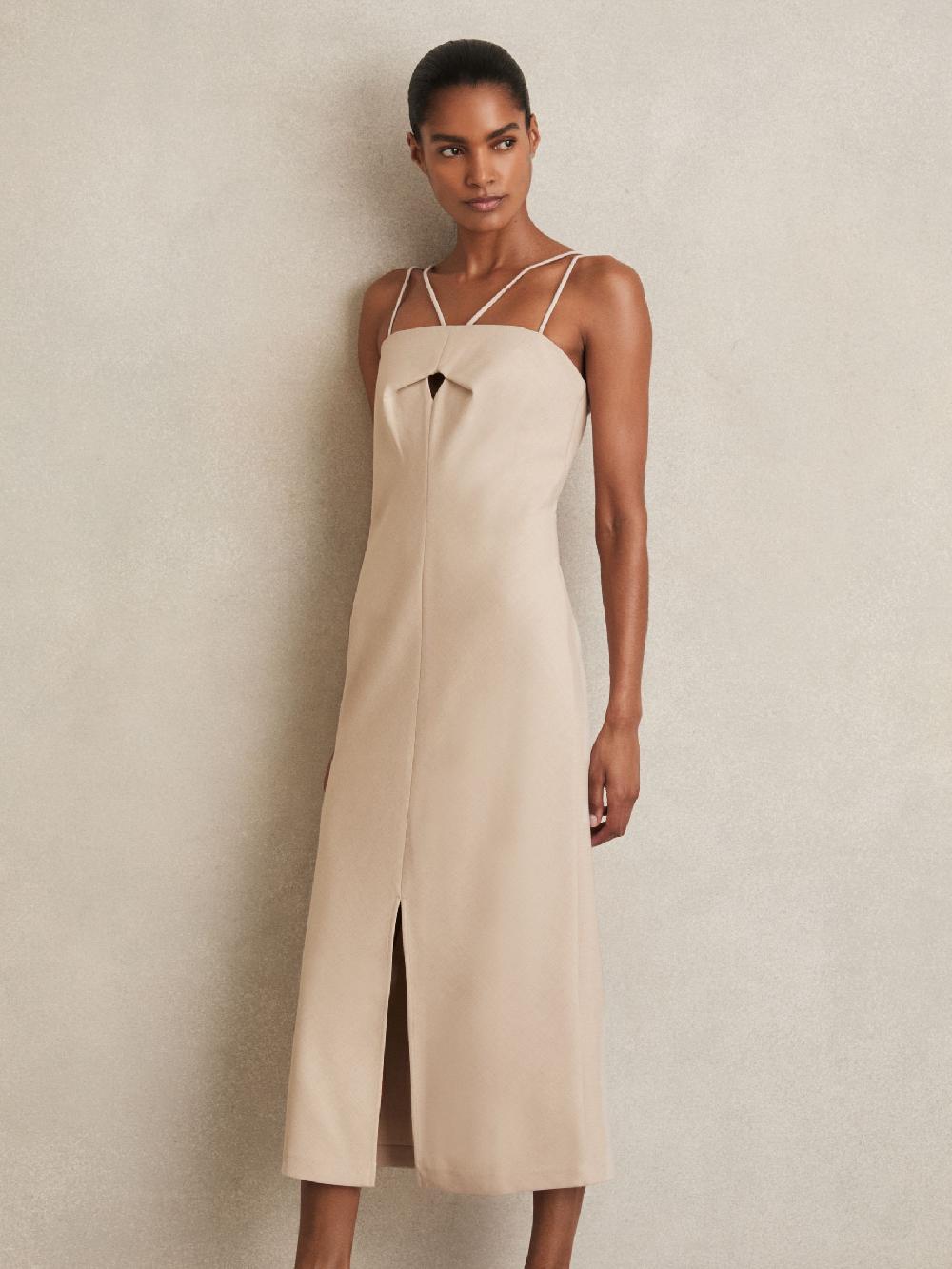 Reiss Double Strap Cut Out Midi Dress In Stone Neutral