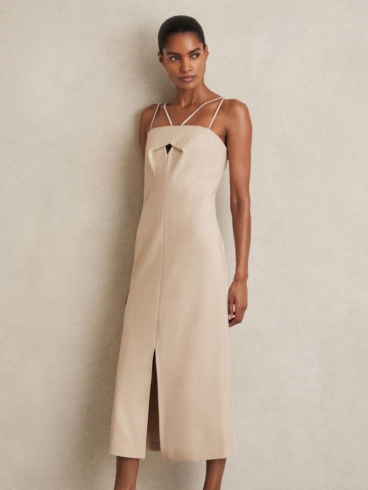 reiss Double Strap Cut Out Midi Dress in Stone Neutral