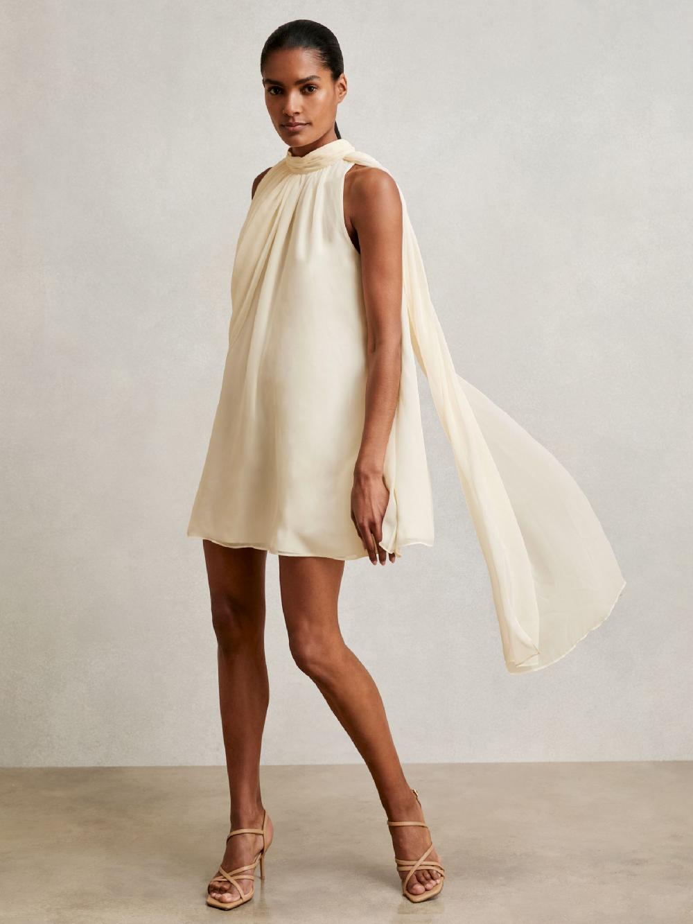 Reiss Draped Chiffon Sleeveless Mini Dress In Ivory