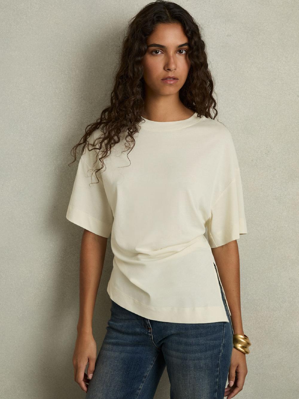 Reiss Draped Crew-Neck T-Shirt With Cotton In Ivory