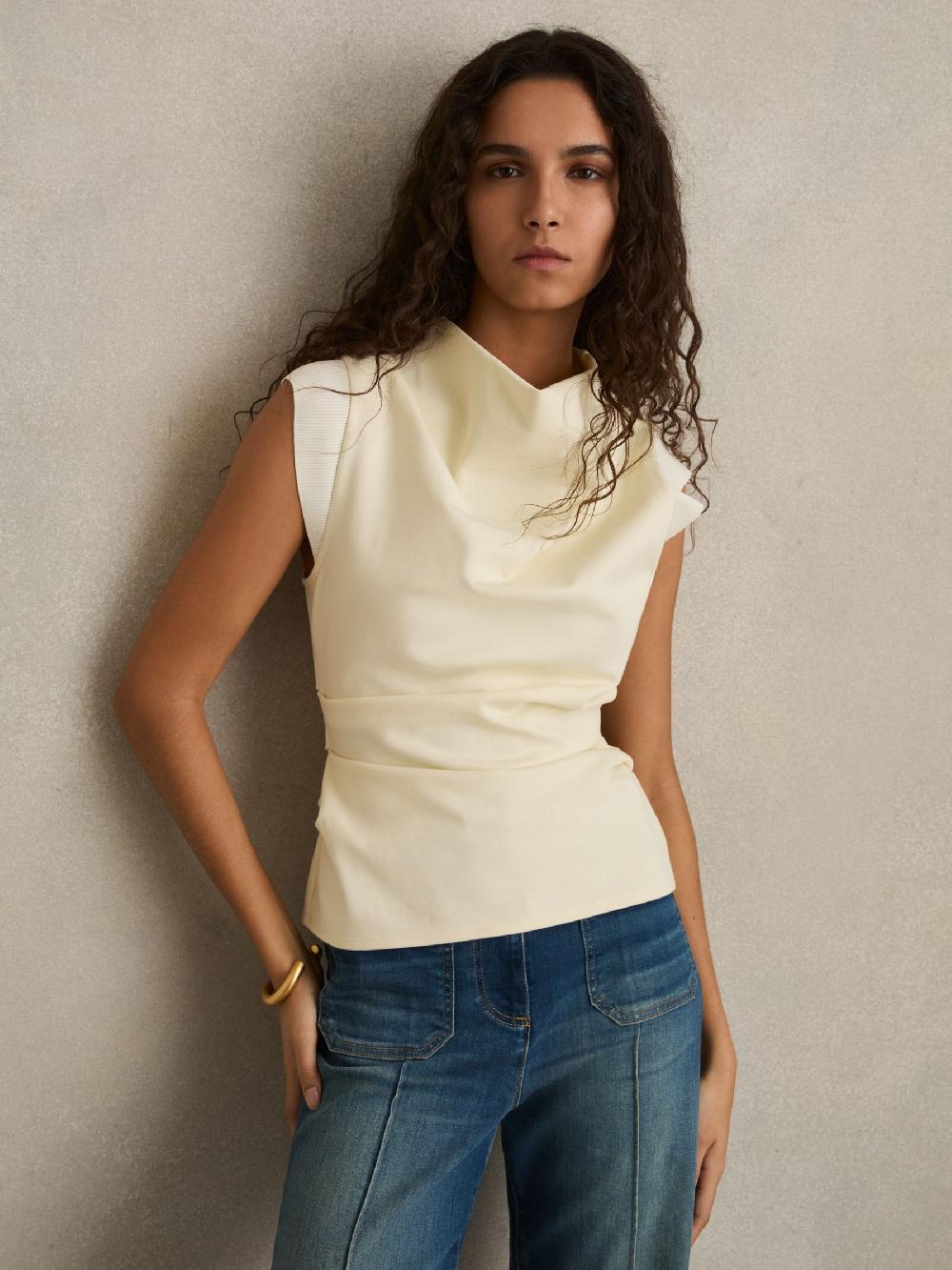 Reiss Draped Jersey-Twill Sleeveless Top In Pale Yellow