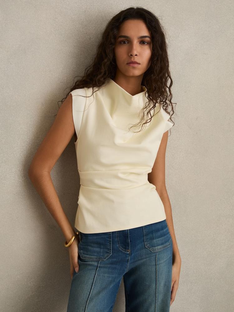 reiss Draped Jersey-Twill Sleeveless Top in Pale Yellow