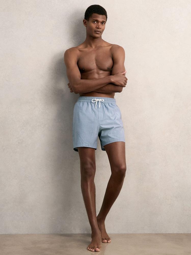 reiss Drawstring Geometric Print Swim Shorts in Airforce Blue