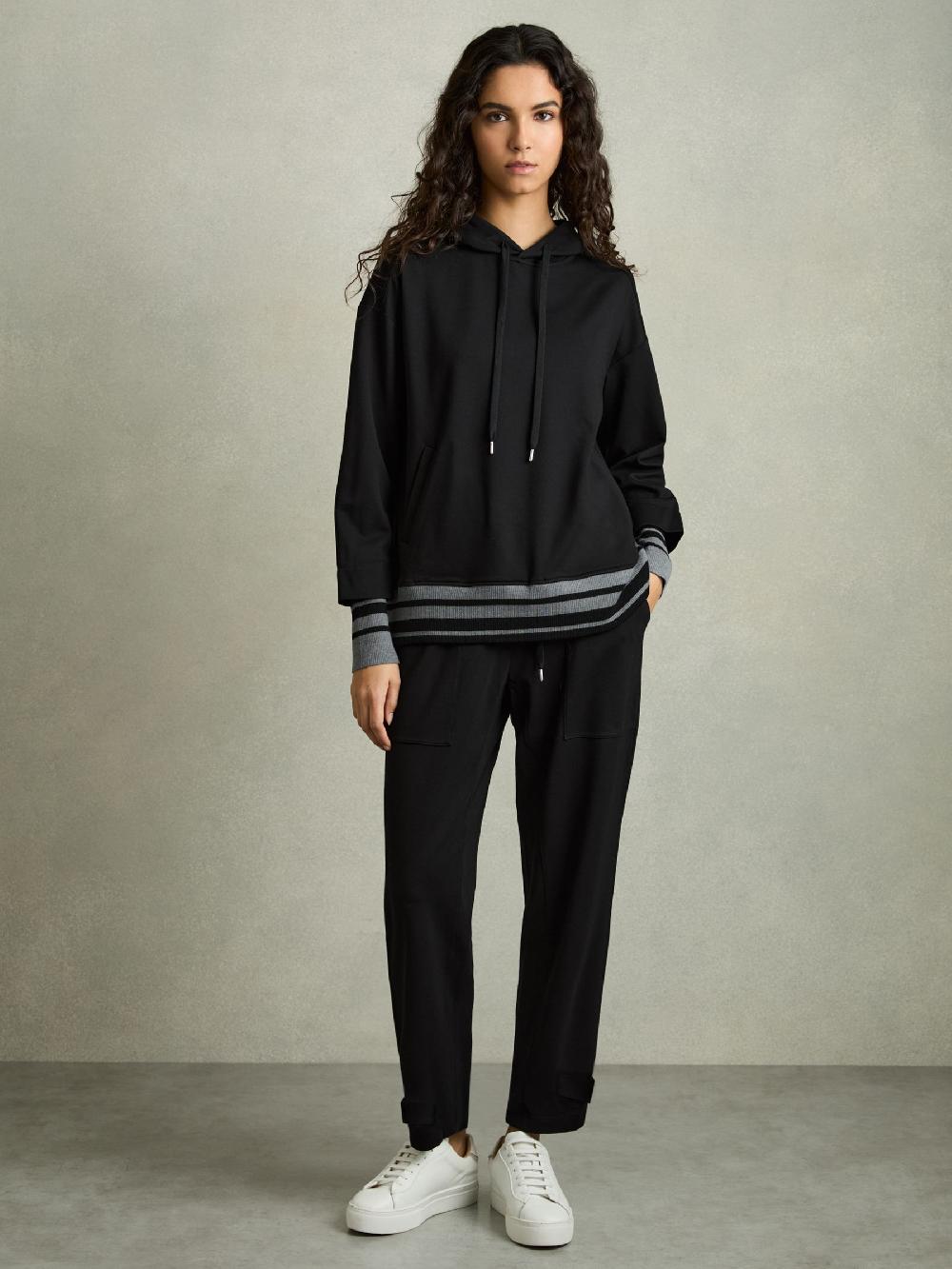 Reiss Drawstring Tapered Jersey Joggers In Black/Charcoal
