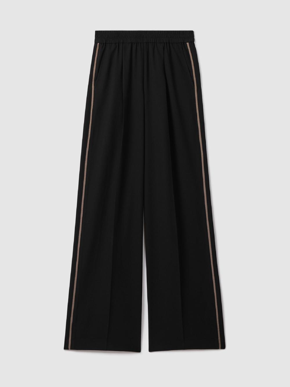 Reiss Elasticated Side Stripe Wide Leg Trousers In Black