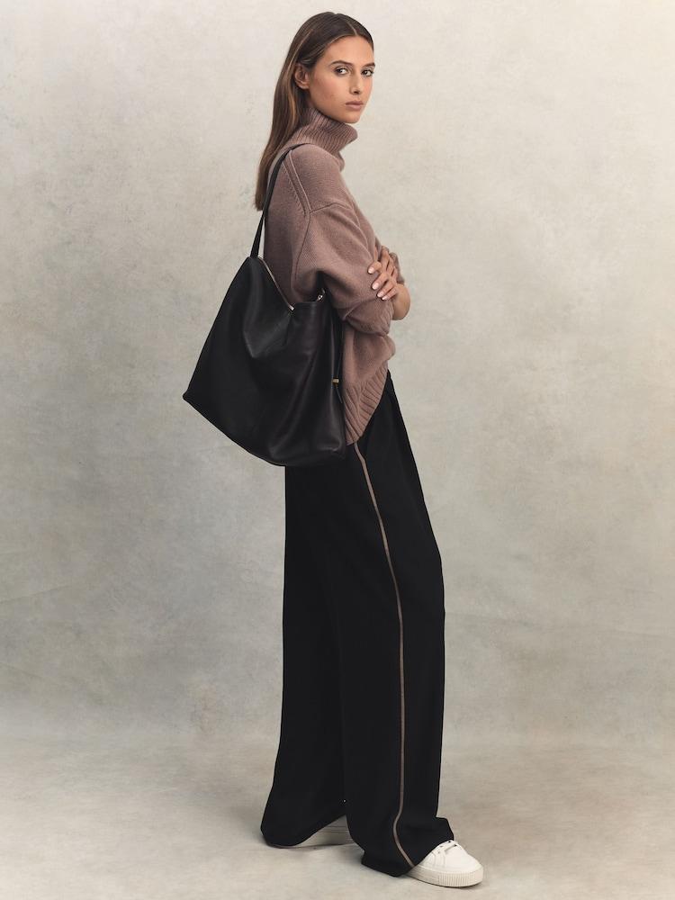 reiss Elasticated Side Stripe Wide Leg Trousers in Black