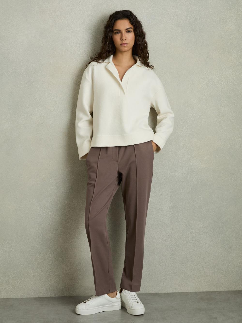 Reiss Elasticated-Waistband Tapered Trousers In Mink Neutral