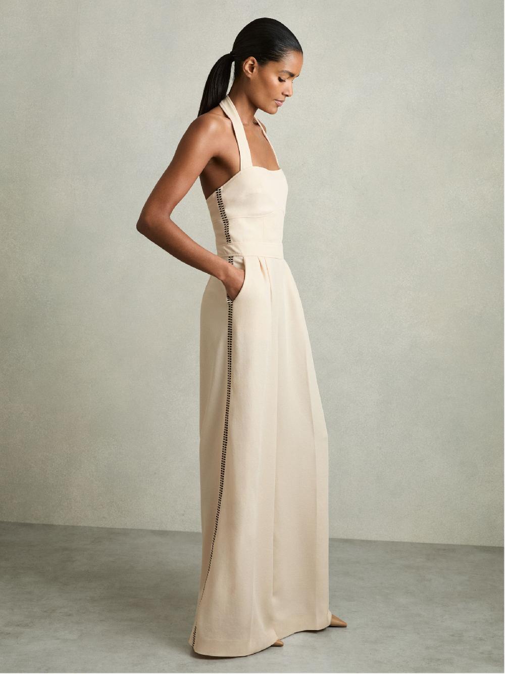 Reiss Embroidery Halterneck Wide-Leg Jumpsuit In Cream