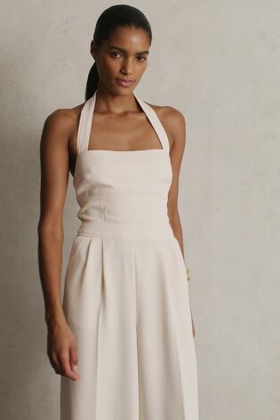 Reiss Embroidery Halterneck Wide-Leg Jumpsuit In Cream