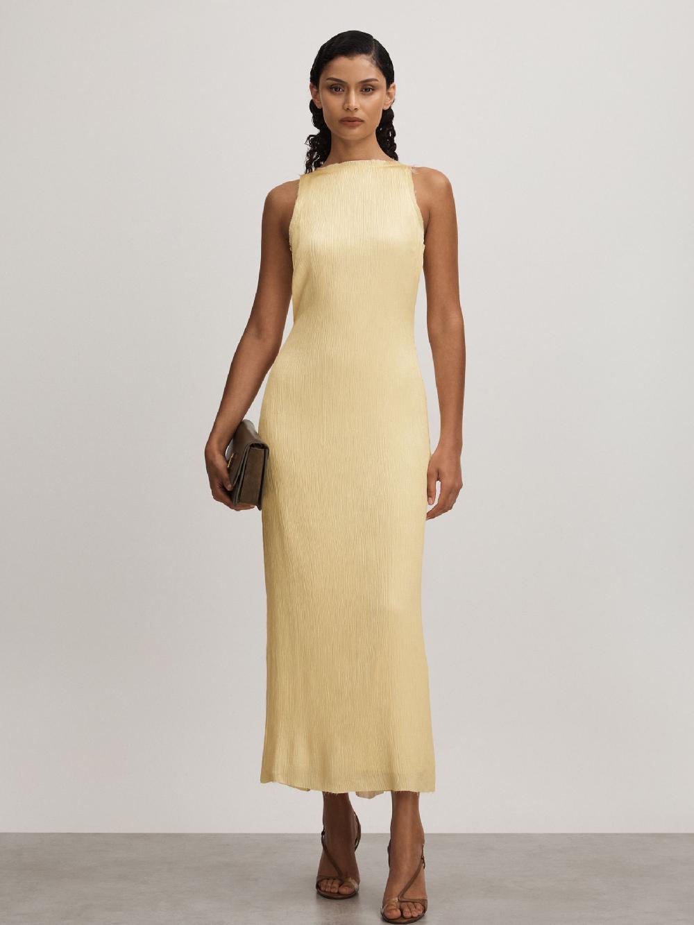 Reiss Enya Buttercup Anna Quan Plisse Raw Hem Maxi Dress