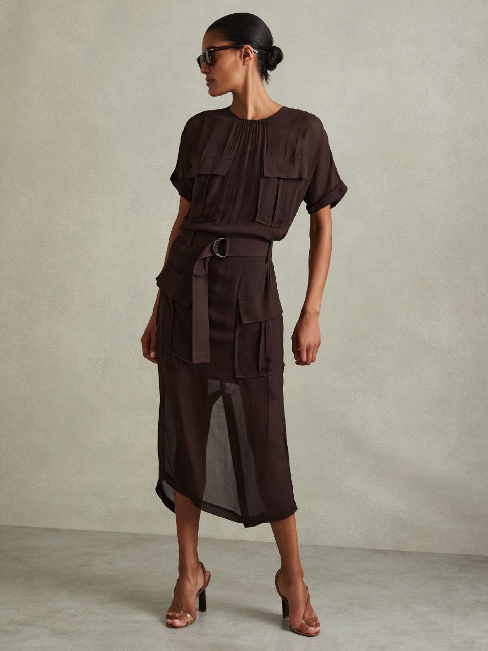 Reiss Essie Chocolate Mesh Utility Belted Midi Dress