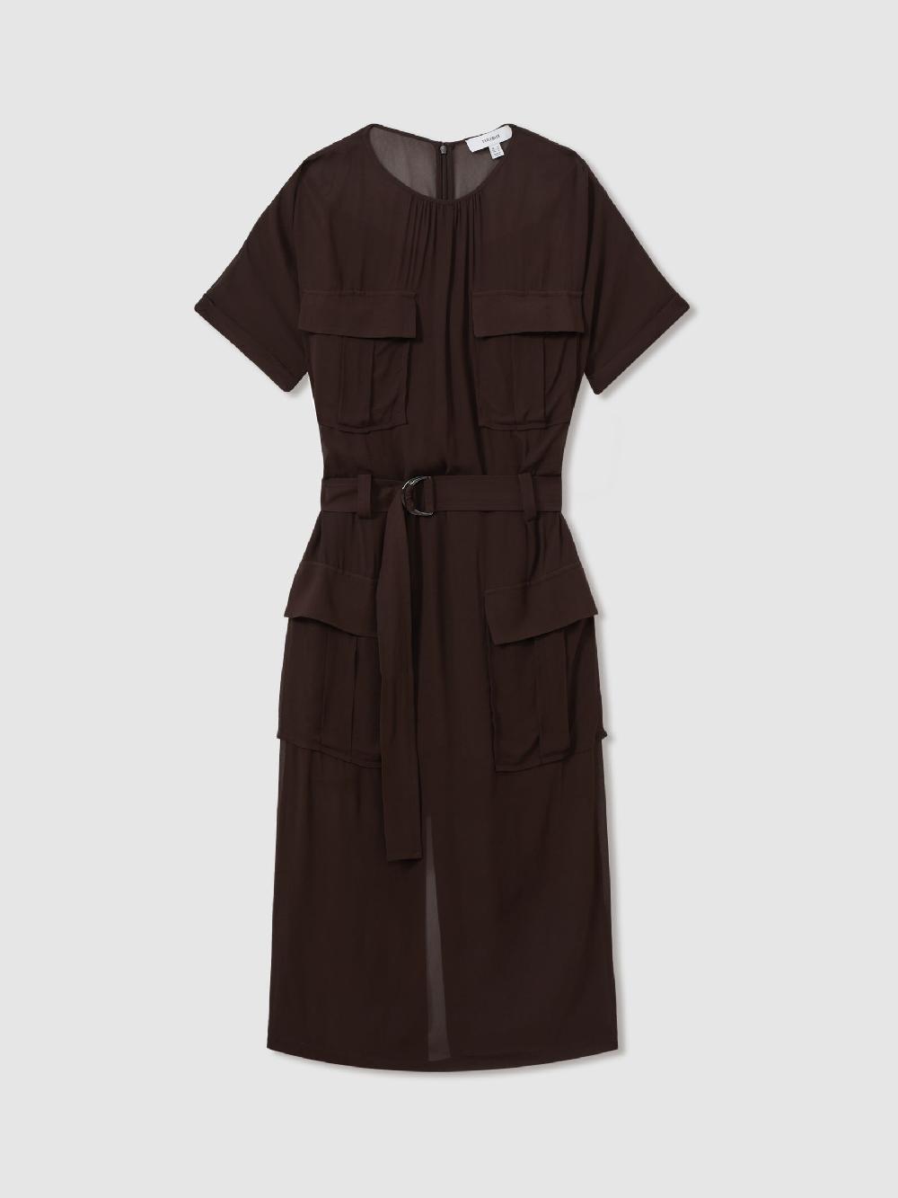 Reiss Essie Chocolate Mesh Utility Belted Midi Dress