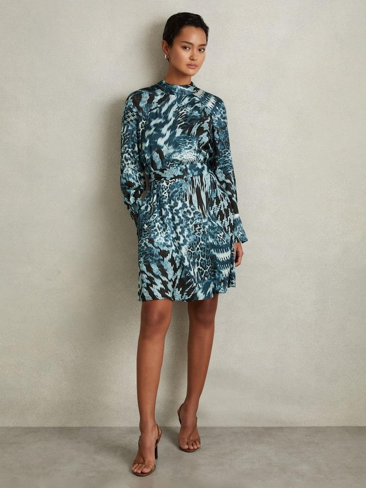 reiss Ester Teal Printed Belted Tie Neck Mini Dress