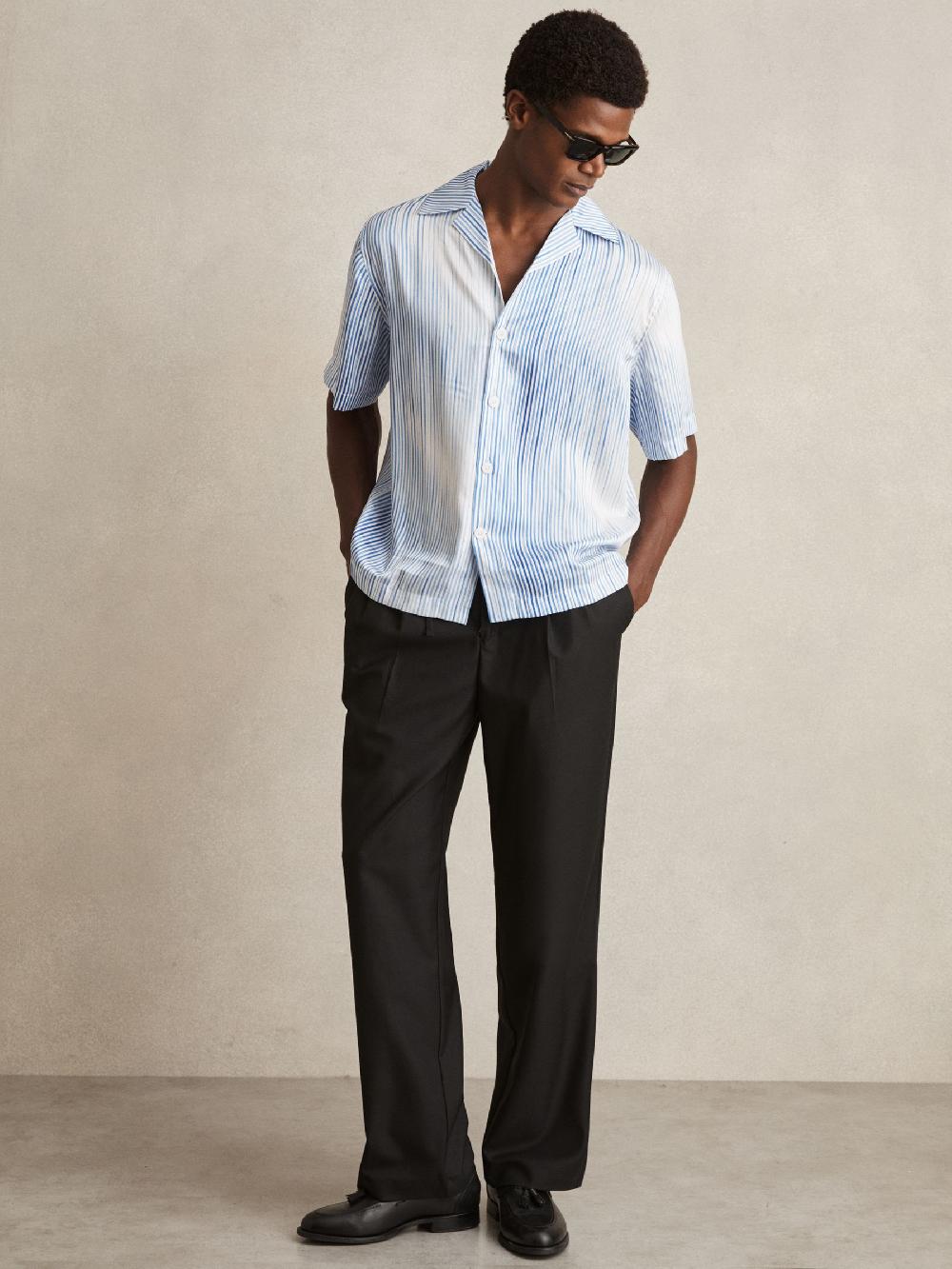 Reiss Faded-Stripe Cuban-Collar Shirt In Soft Blue/White