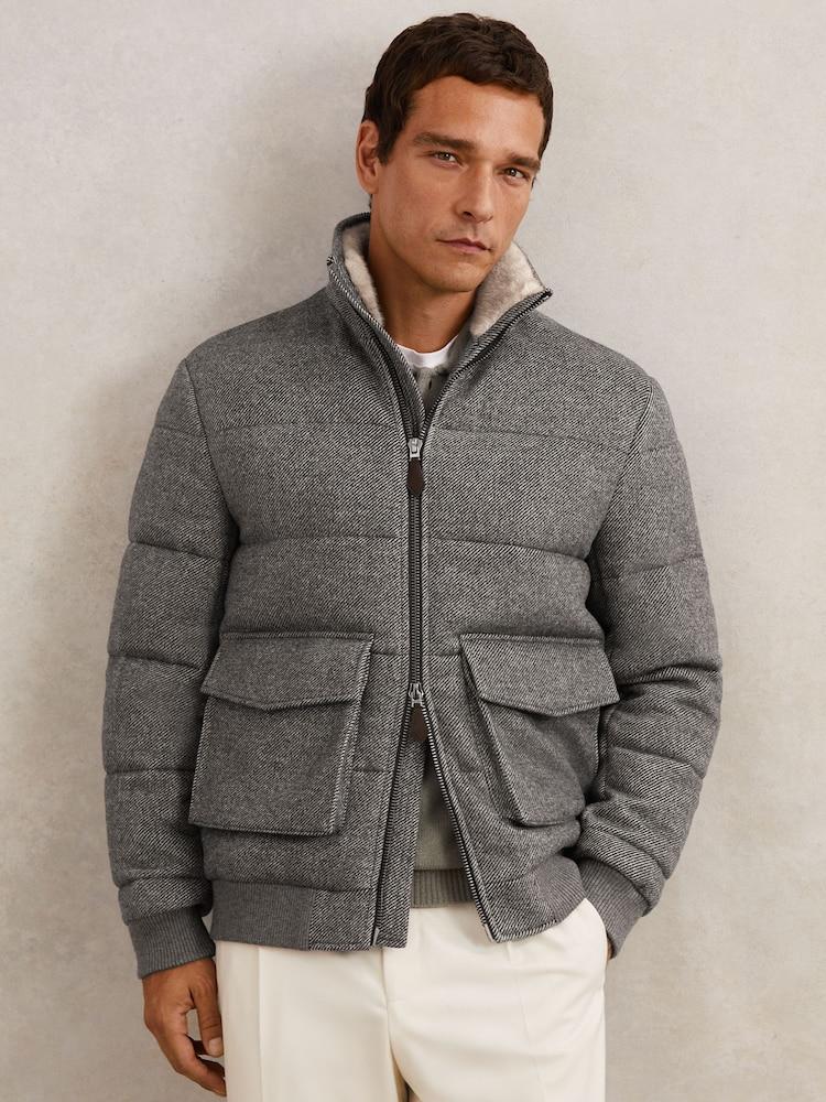 reiss Faux-Fur Collar Quilted Puffer Jacket in Grey