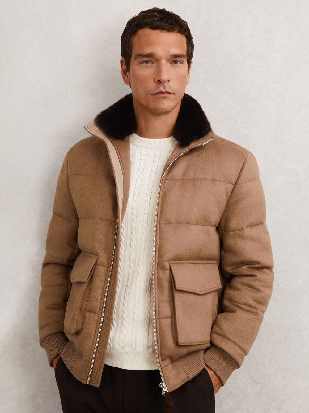Reiss Faux-Fur Collar Quilted Puffer Jacket In Light Brown