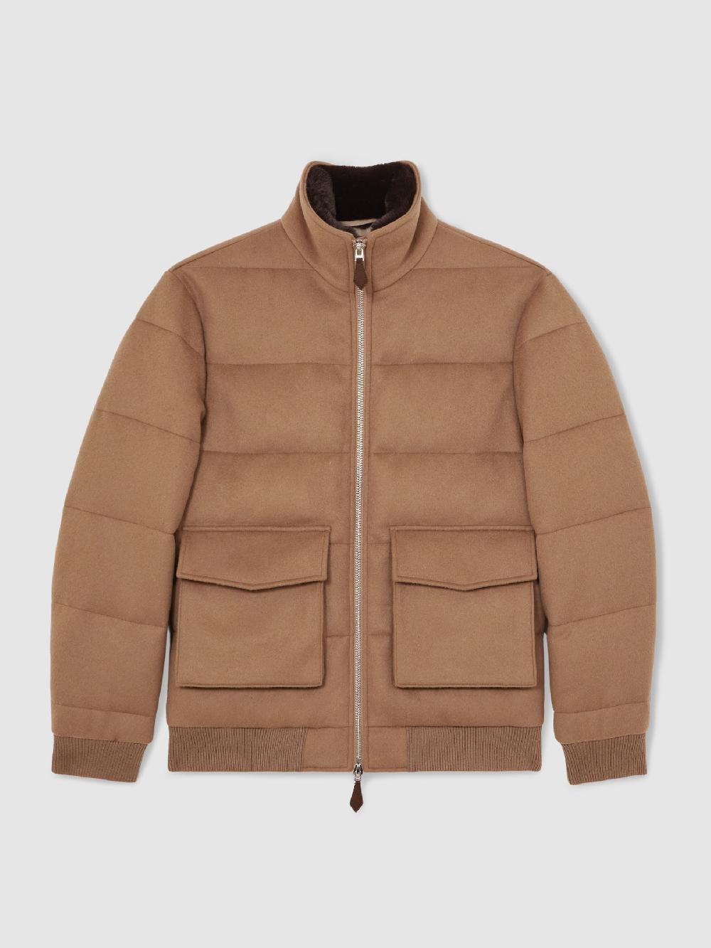 Reiss Faux-Fur Collar Quilted Puffer Jacket In Light Brown