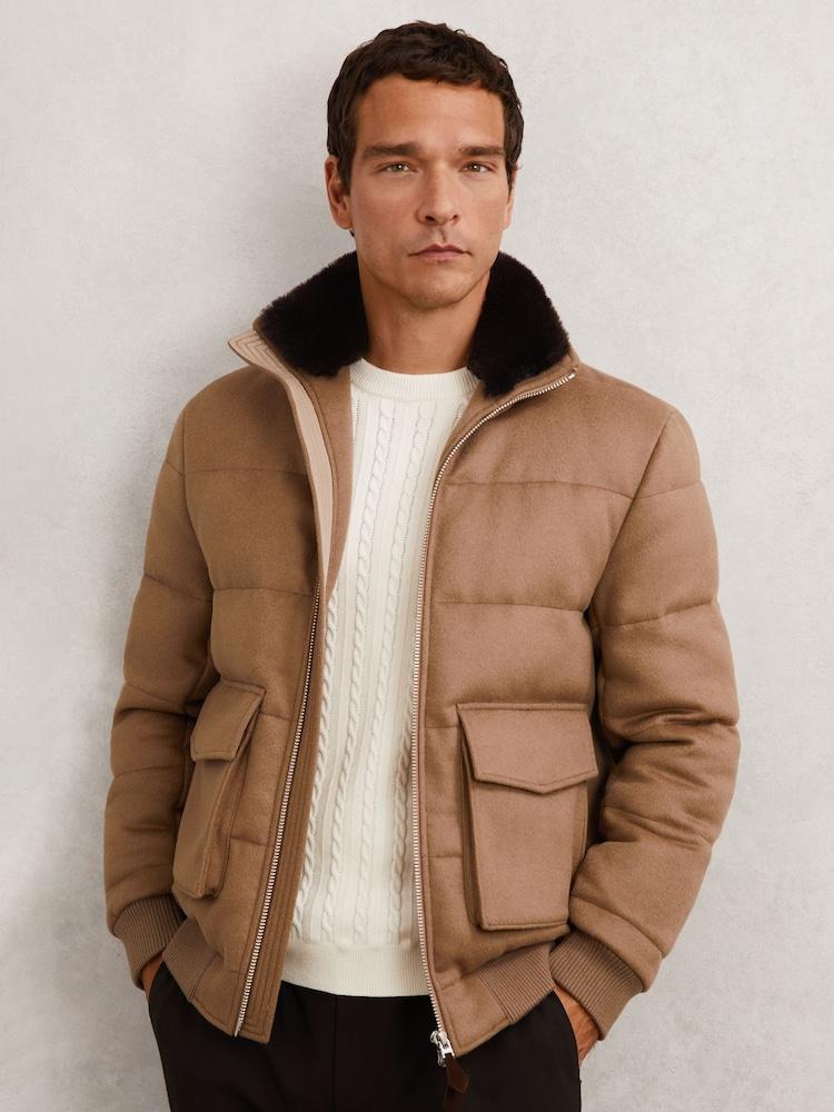 reiss Faux-Fur Collar Quilted Puffer Jacket in Light Brown