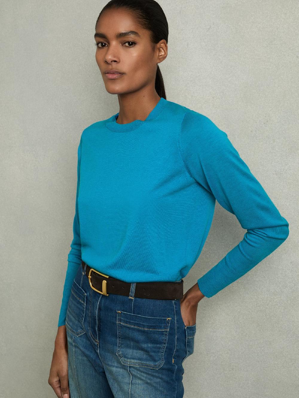 Reiss Fine-Knit Crew-Neck Jumper With Cashmere In Blue