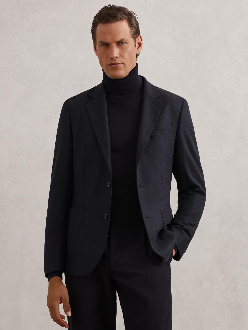 Reiss Flannel Single-Breasted Blazer Tailored-Fit With Wool In Navy
