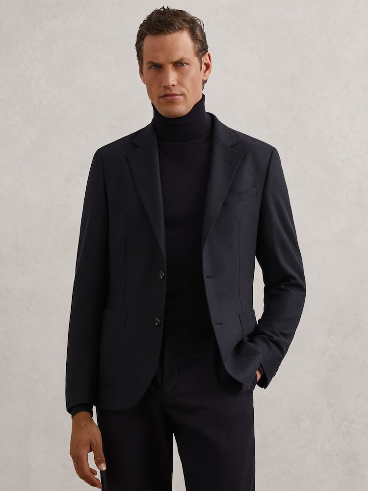reiss Flannel Single-Breasted Blazer Tailored-Fit with Wool in Navy