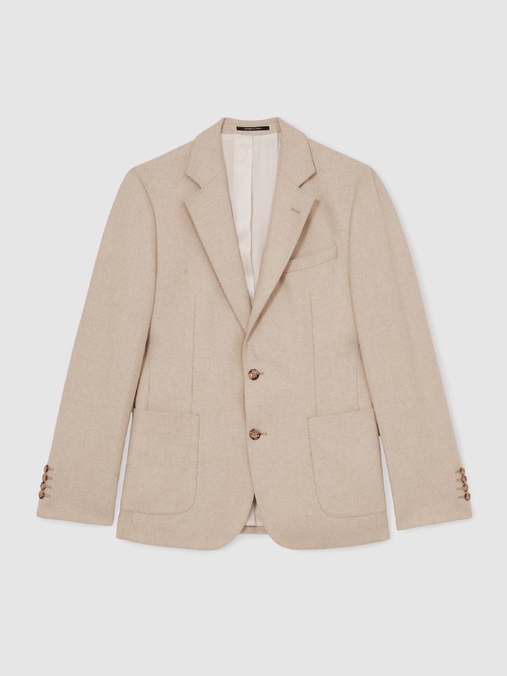 Reiss Flannel Single-Breasted Blazer Tailored-Fit With Wool In Oatmeal Brown