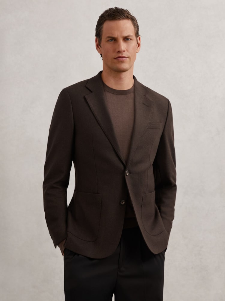 reiss Flannel Single-Breasted Blazer Tailored-Fit with Wool in Chocolate Brown