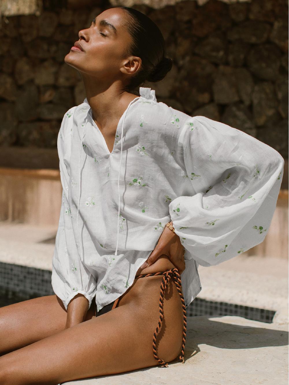 Reiss Floral-Embroidered Tie-Neck Blouse Ramie-Lyocell In Ivory