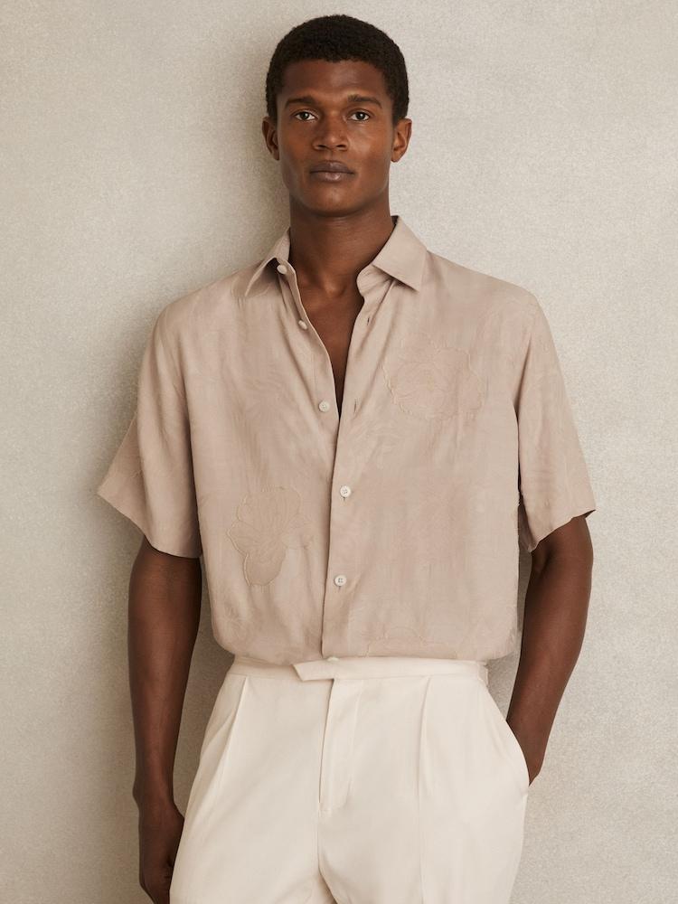 reiss Floral-Jacquard Short-Sleeve Shirt in Oatmeal