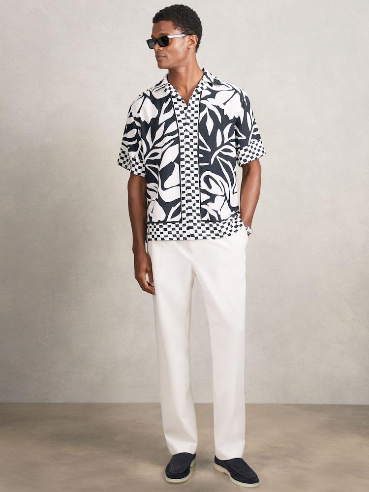 reiss Floral-Print Cuban-Collar Shirt in Navy/White