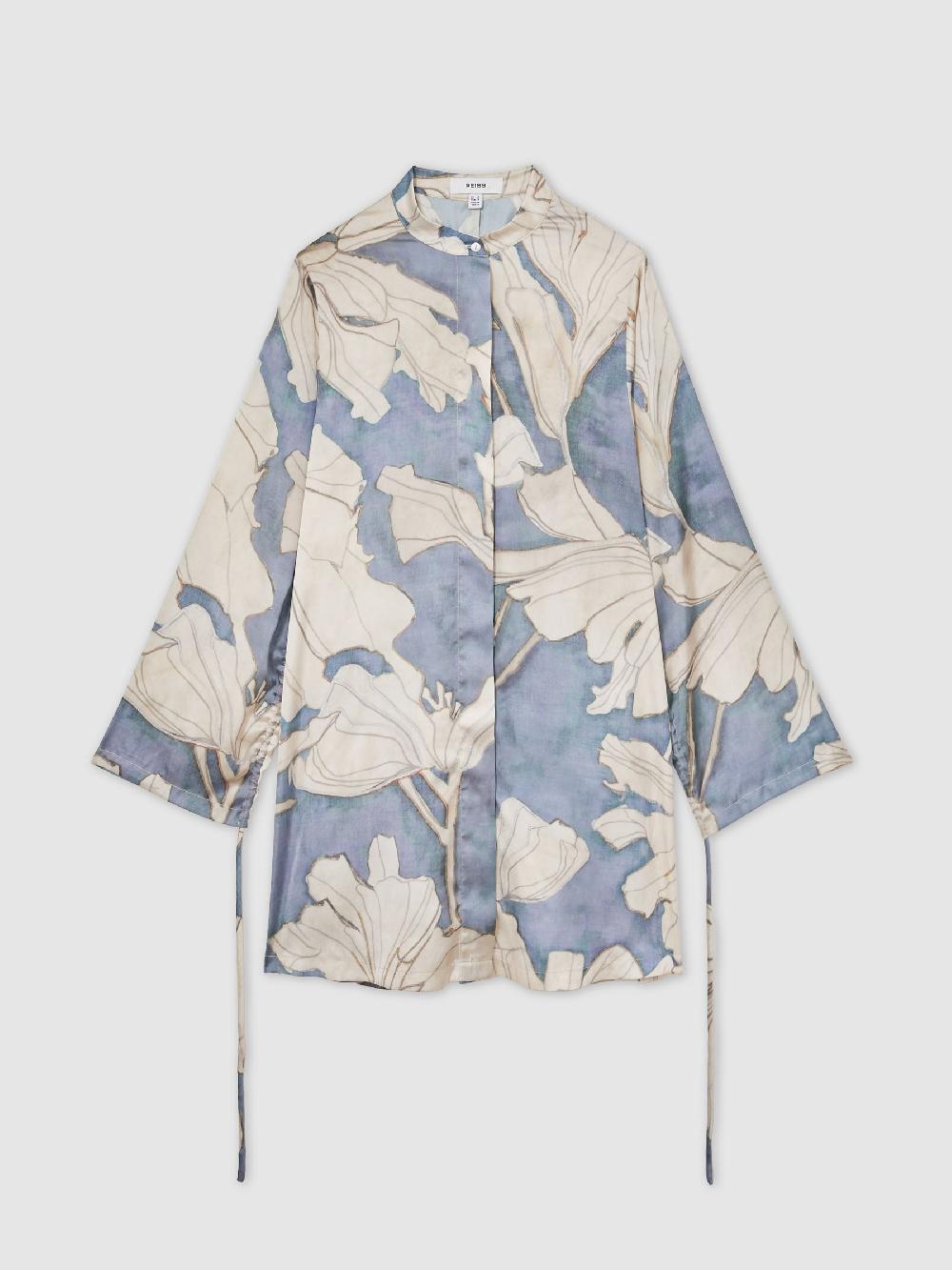 Reiss Floral Print Gathered Cut Out Shirt Dress In Blue