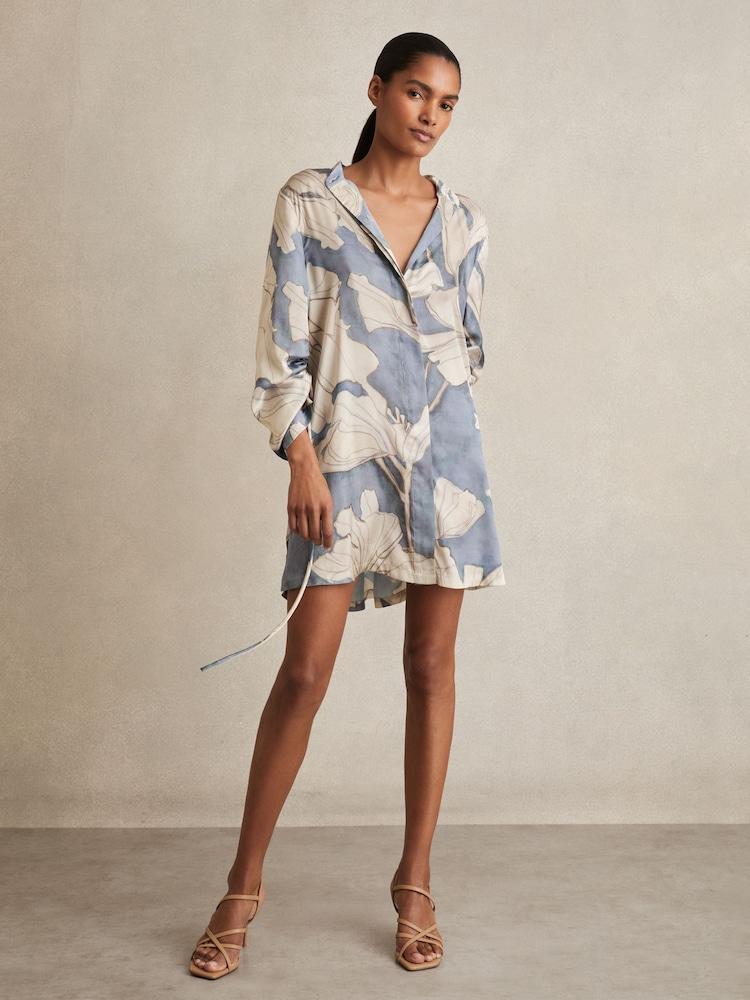 reiss Floral Print Gathered Cut Out Shirt Dress in Blue