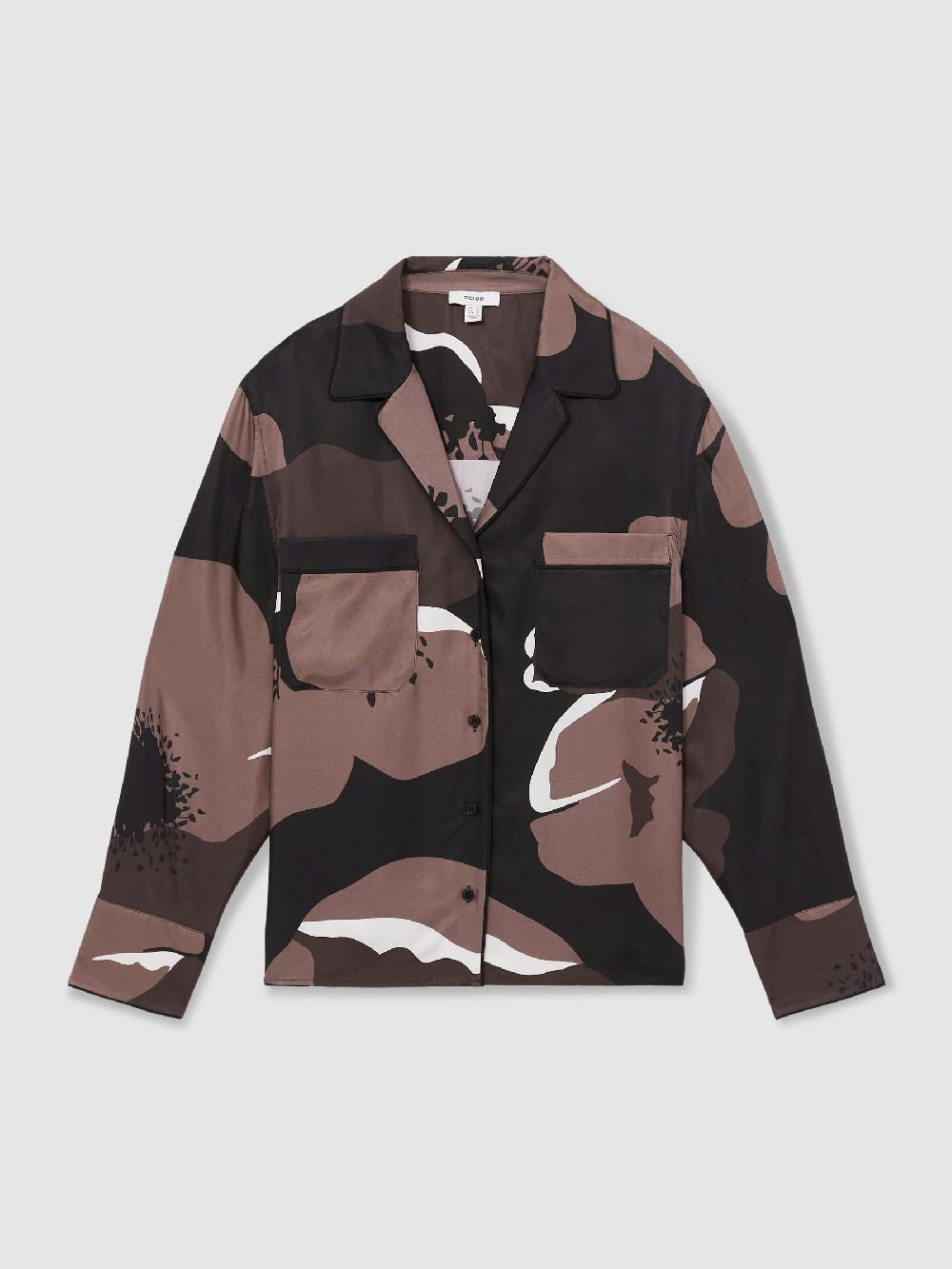 Reiss Floral-Print Long-Sleeve Shirt In Black/Brown