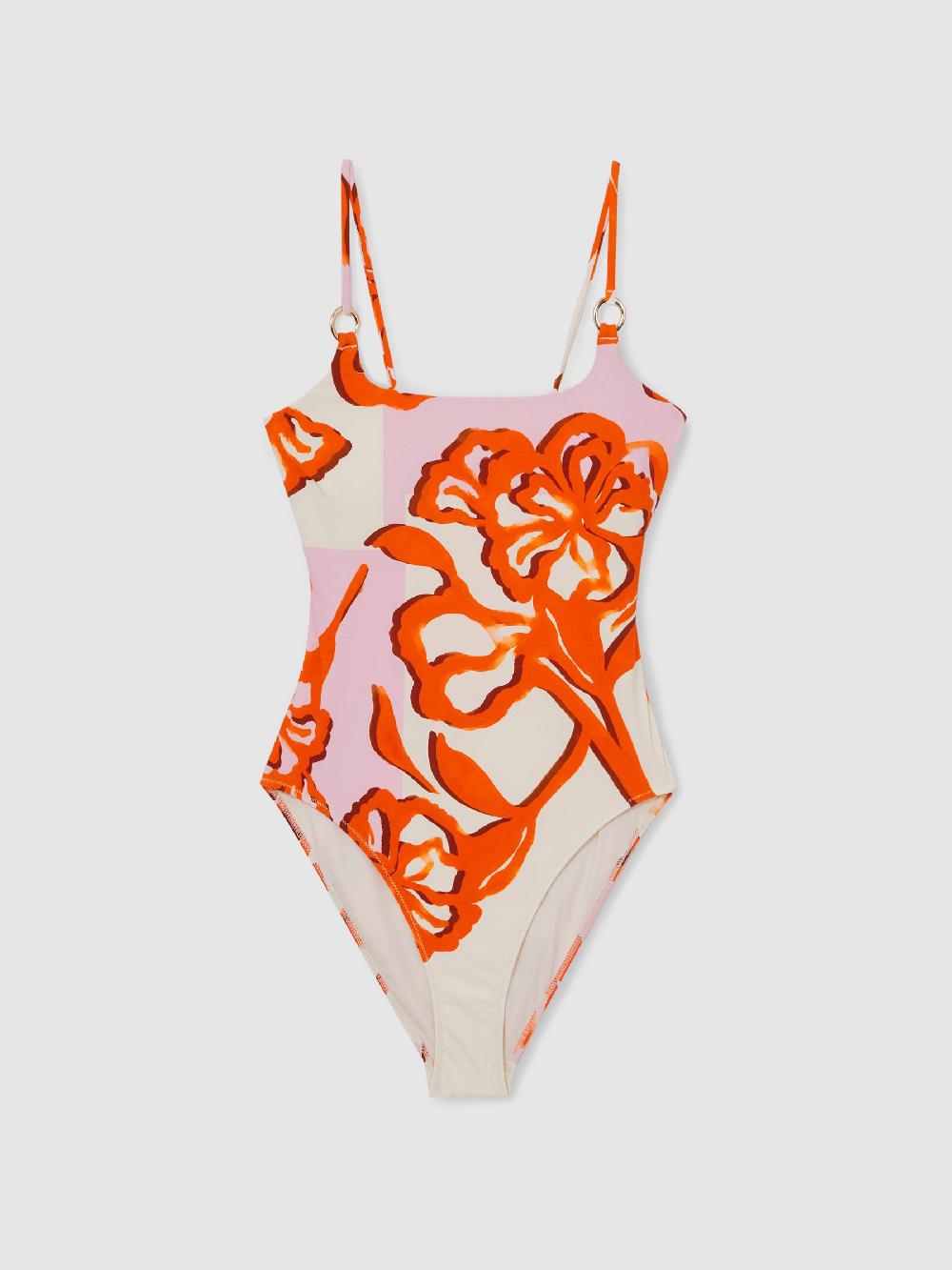 Reiss Floral Print Tie Back Swimsuit In Pink/Orange