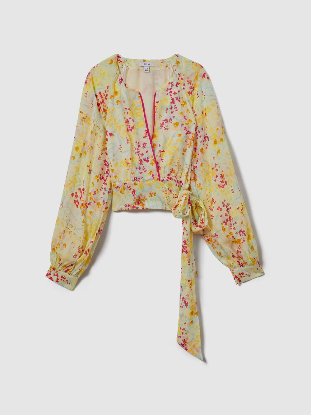 Reiss Floral Print Tie Waist Cropped Blouse In Pink/Yellow