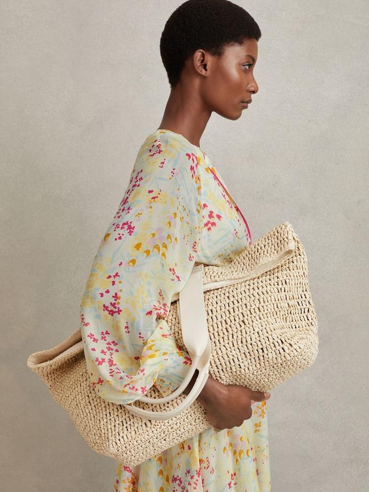 reiss Floral Print Tie Waist Cropped Blouse in Pink/Yellow