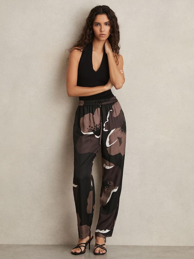 reiss Floral-Print Wide-Leg Trousers in Black/Brown