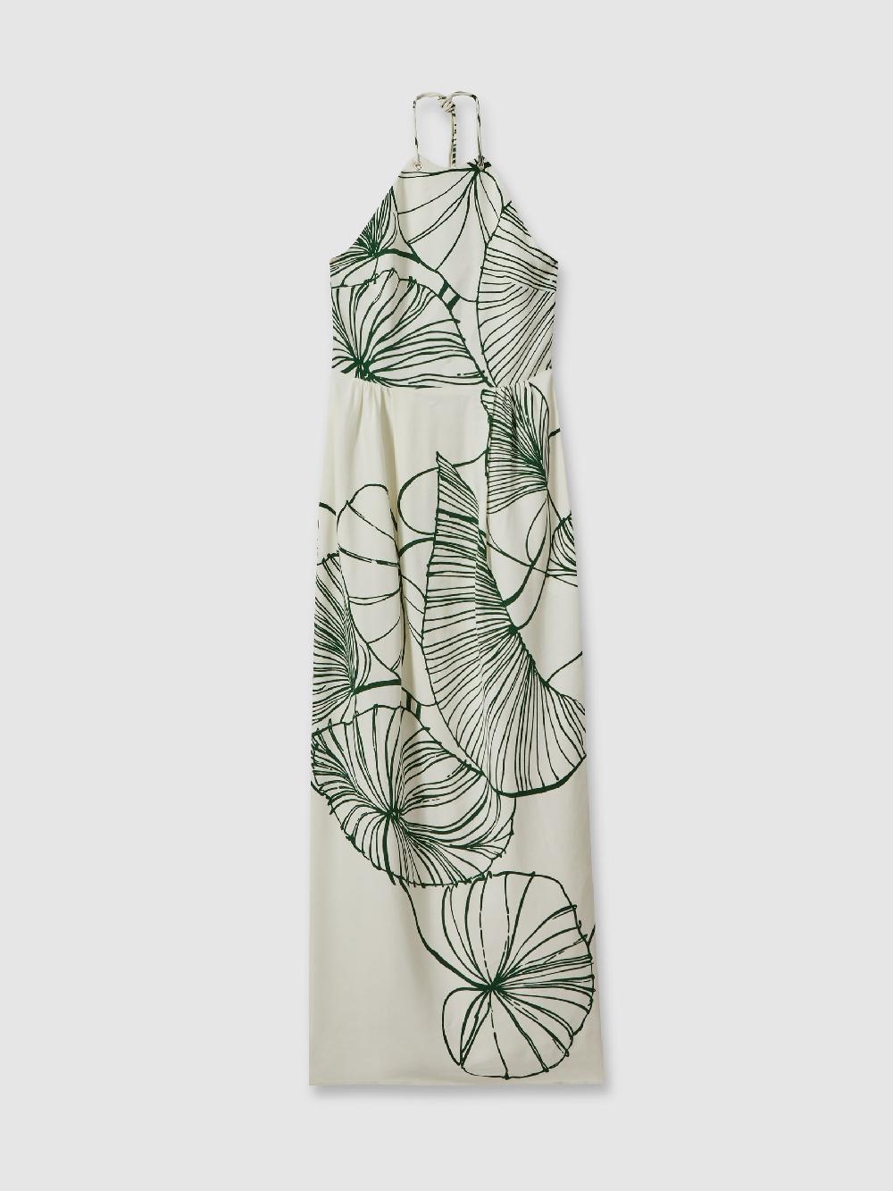 Reiss Floral Sketch Halter Neck Maxi Dress In White/Green