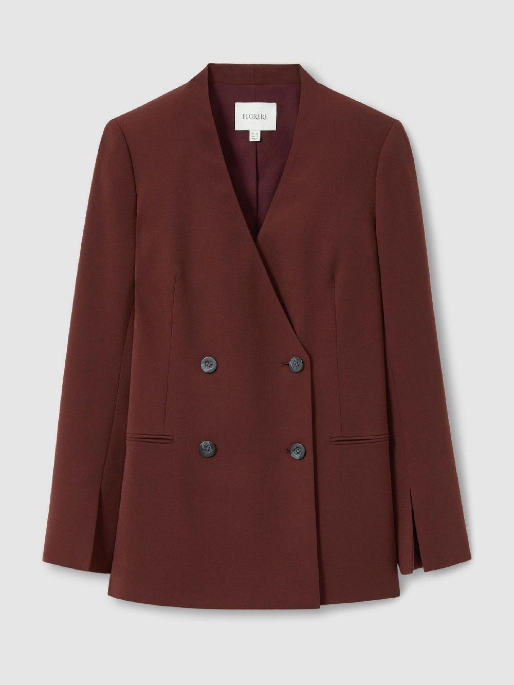 Reiss Florere Burgundy Collarless Double Breasted Blazer In Burgundy
