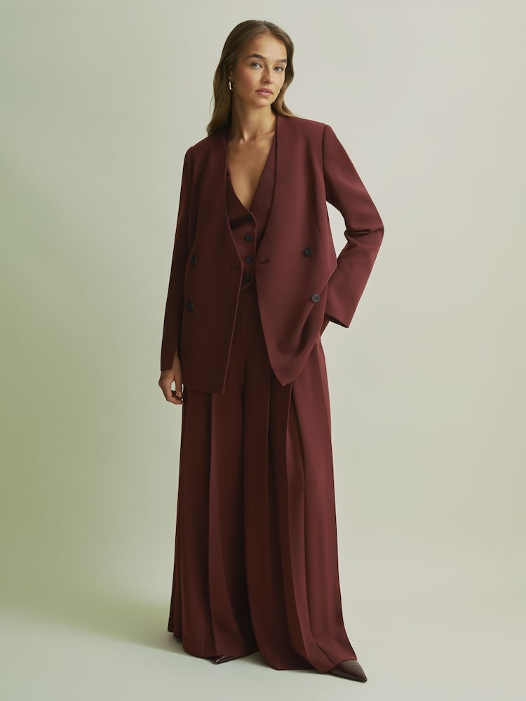 reiss Florere Burgundy Collarless Double Breasted Blazer in Burgundy