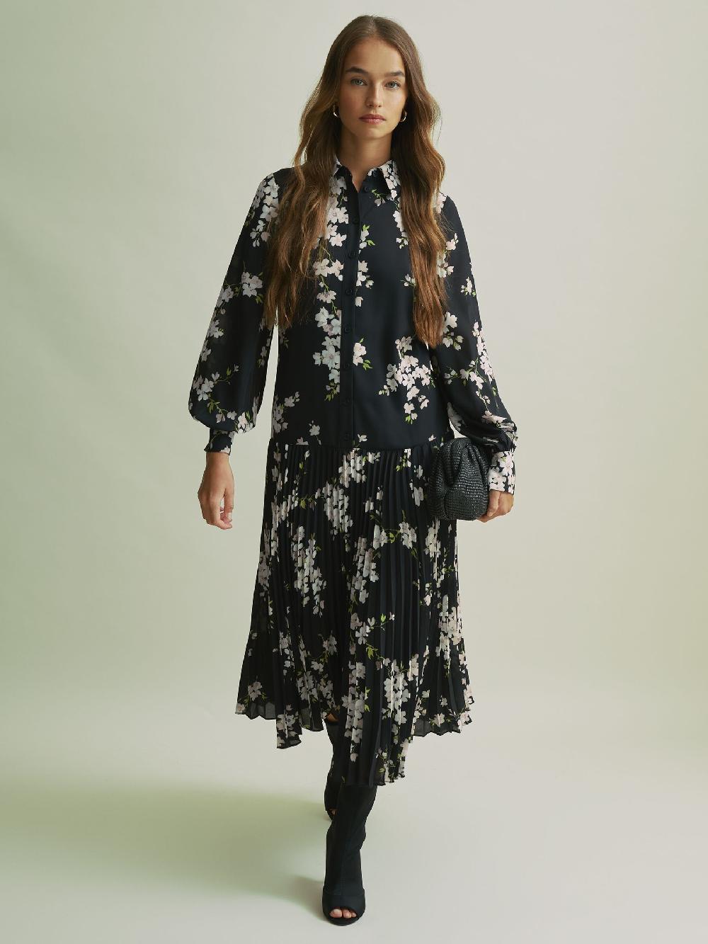 Reiss Florere Dropped Waist Shirt Midi Dress In Black