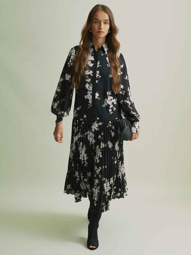reiss Florere Dropped Waist Shirt Midi Dress in Black