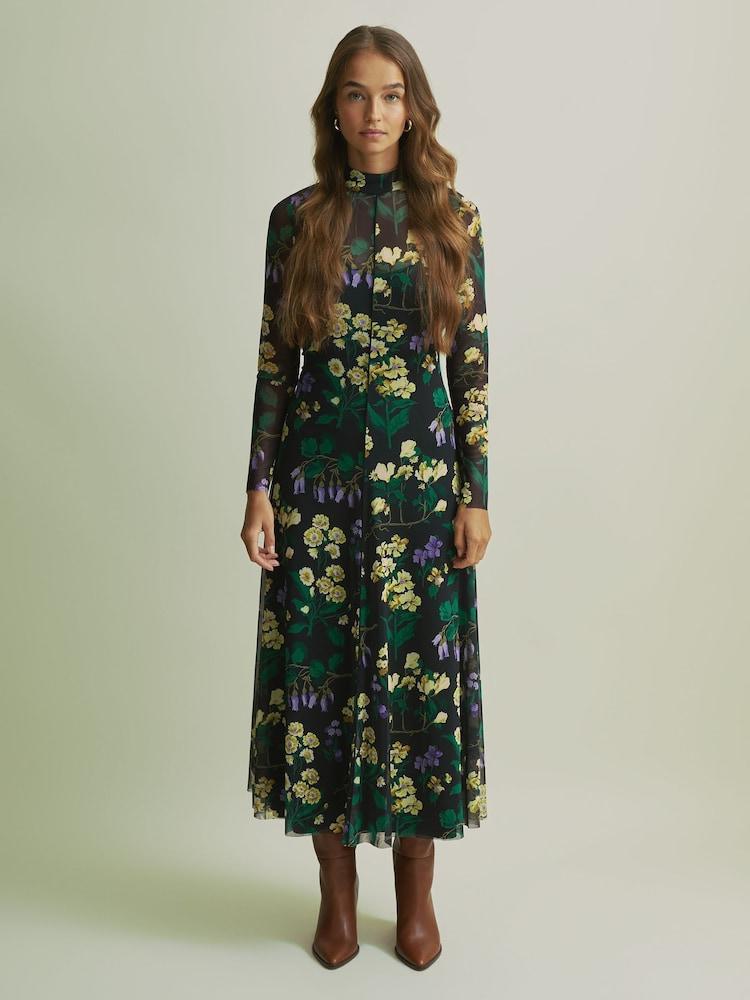 reiss Florere Fit-and-Flare Mesh Midi Dress in Multi
