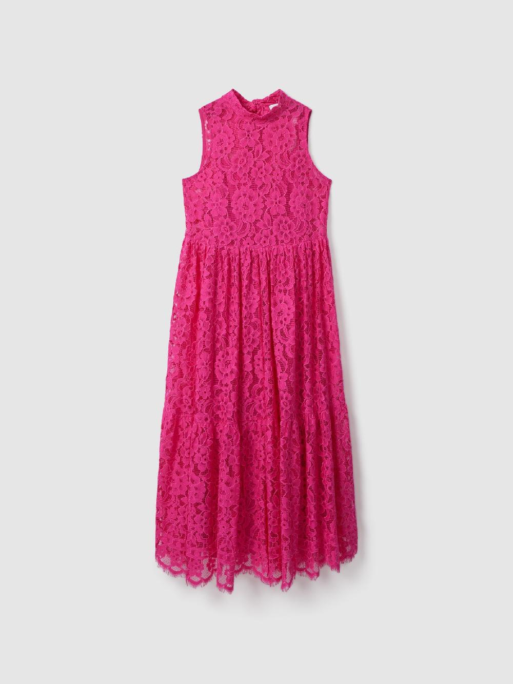 Reiss Florere Lace Tie Back Midi Dress In Bright Pink