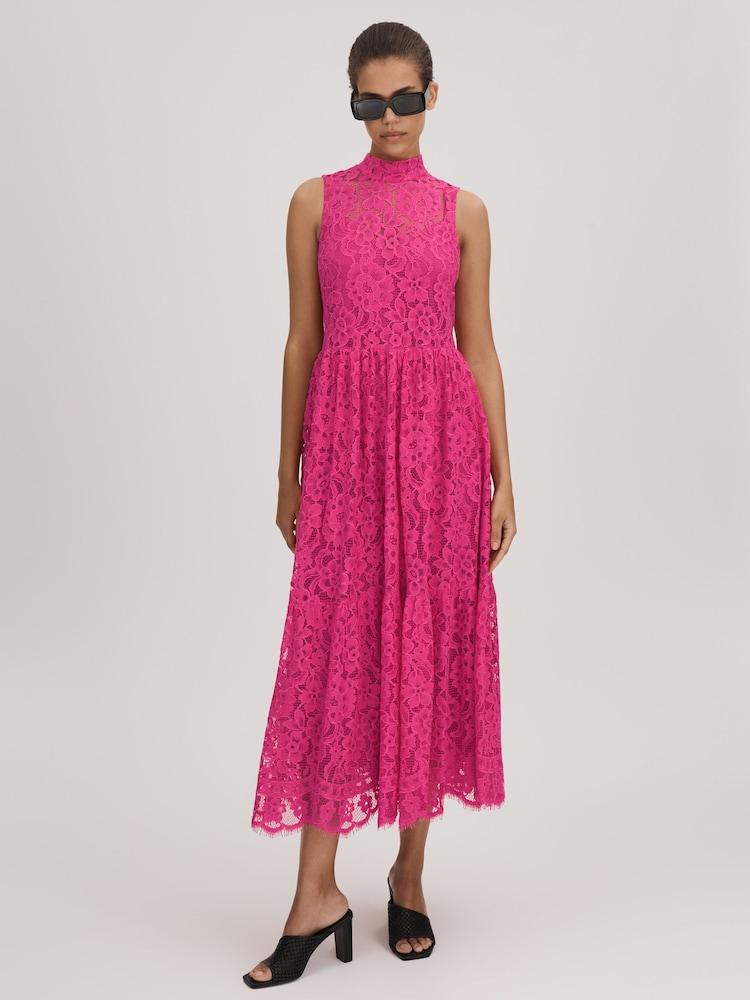 reiss Florere Lace Tie Back Midi Dress in Bright Pink