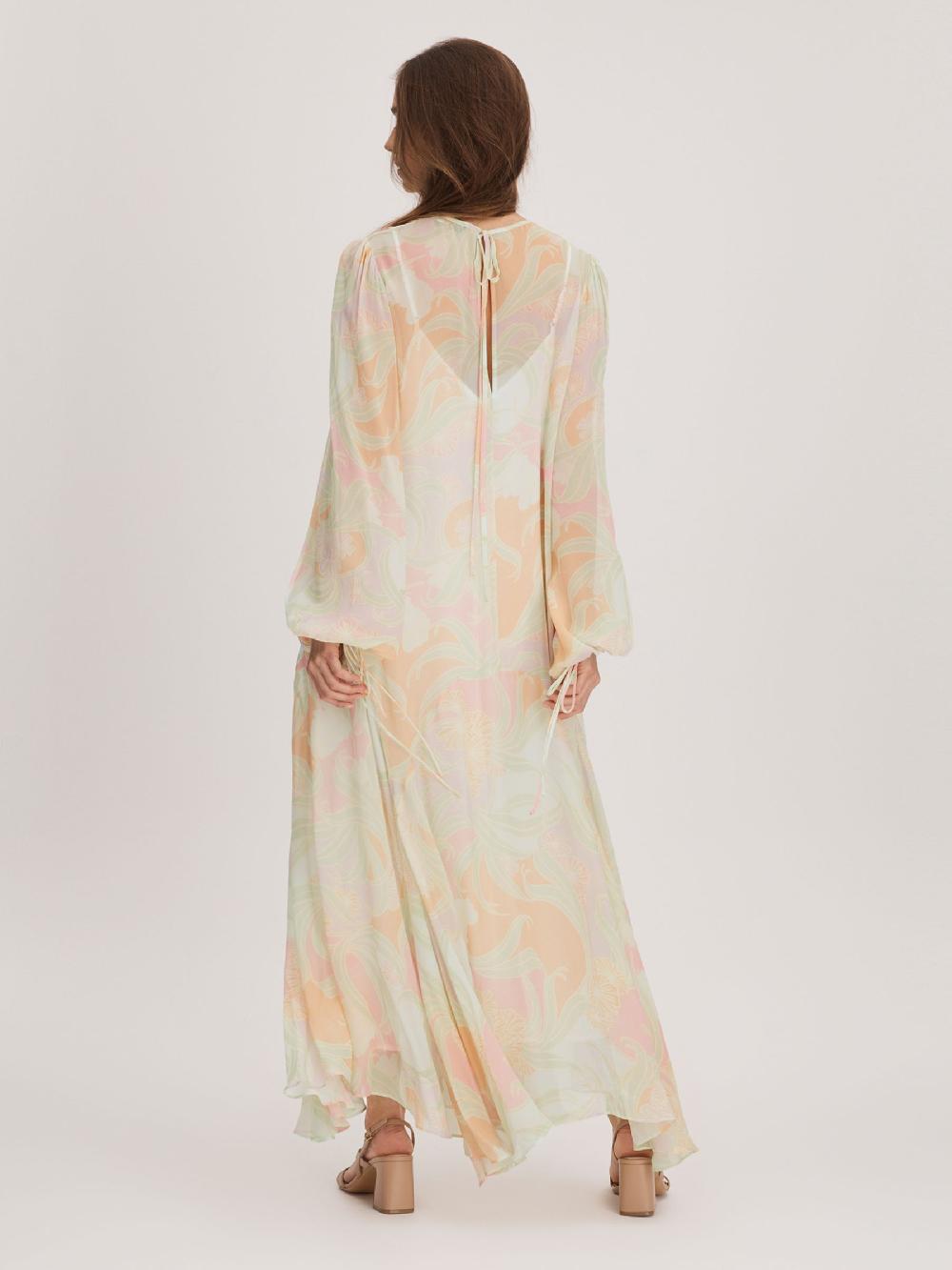 Reiss Florere Multi Florere Sheer Asymmetric Midi Dress