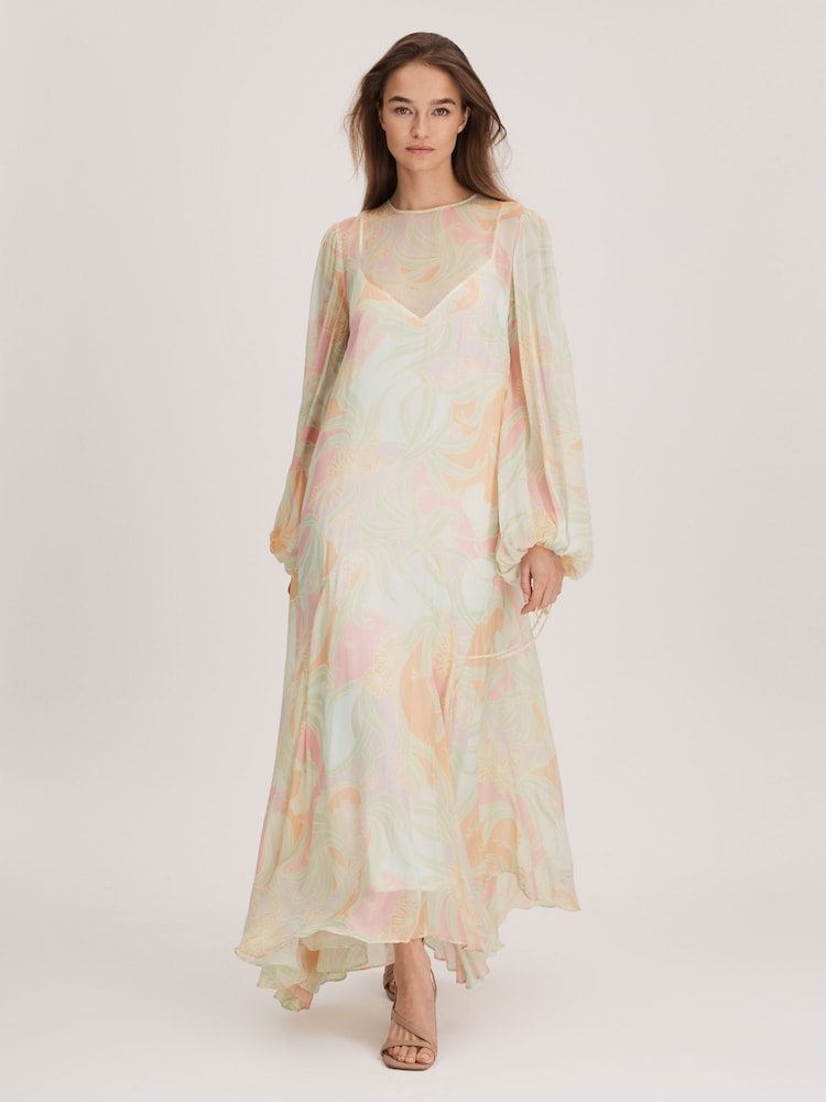 reiss Florere Multi Florere Sheer Asymmetric Midi Dress