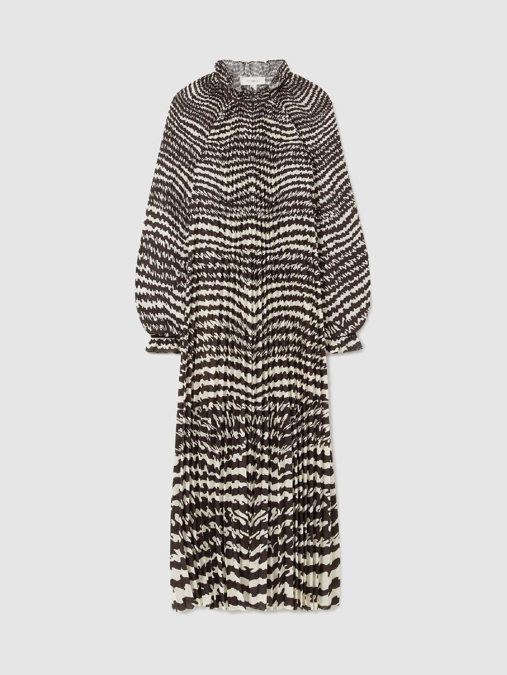 Reiss Florere Pleated Frill Midi Dress In Chocolate