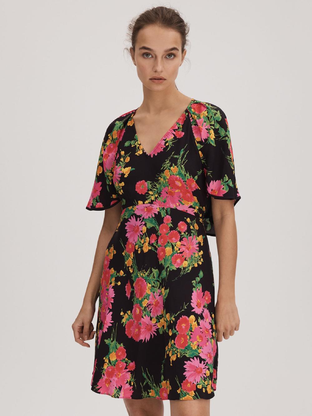 Reiss Florere Printed Cape Sleeve Mini Dress In Pink/Black