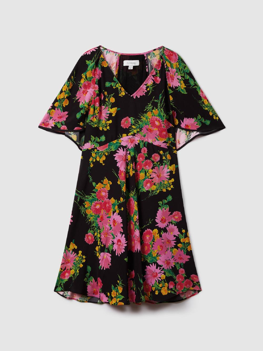 Reiss Florere Printed Cape Sleeve Mini Dress In Pink/Black